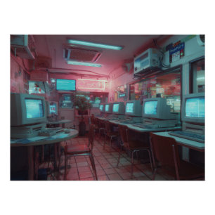 Poster Cyber Café Néon avec Moniteurs Rétro