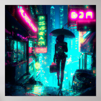 Poster Cyber punk art ville nuit néon signes