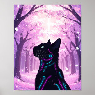 Poster Cyberchat de minuit Forêt de fleurs de cerisiers