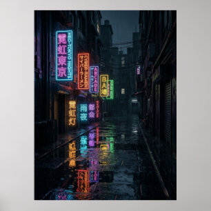 Poster Cyberpunk Allée Néo-Néon Pluie Tokyo