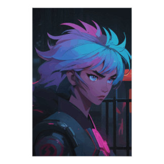 Poster Cyberpunk Anime Girl with Neon Hair – Futuristic