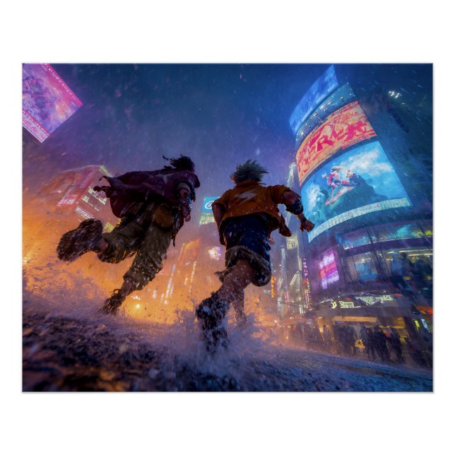 Poster Cyberpunk Anime Warriors Rain Fight (Devant)