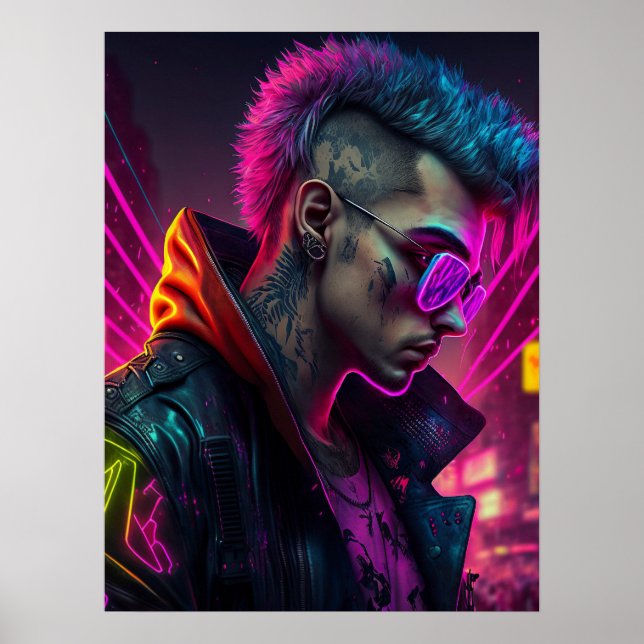 Poster Cyberpunk fille dans la ville de néon (Devant)