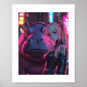 Poster Cyberpunk Moodengcoin Waifu & Hippo Crypto