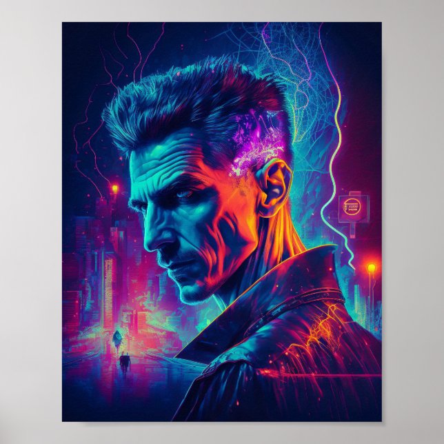 Poster Cyberpunk Nikola Tesla dans la ville (Devant)