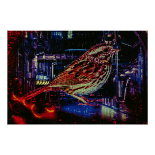 Poster Cyberpunk Sparrow dans Neon Cityscape