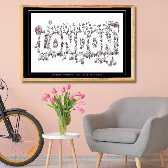 Poster Cyclisme Autour De La Ligne London Art (Cycling bicycles around london minimalist line art black and white poster for cyclists)