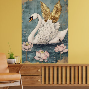 Poster cygne majestueux aux ailes dorées flotte sur l'eau