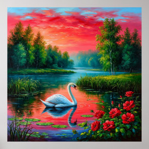 Poster Cygne majestueux glissant sur un lac serein
