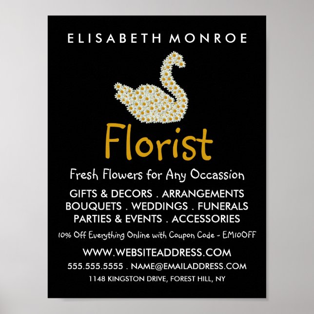 Poster Cygne marguerrier floral, Publicité fleuriste (Devant)
