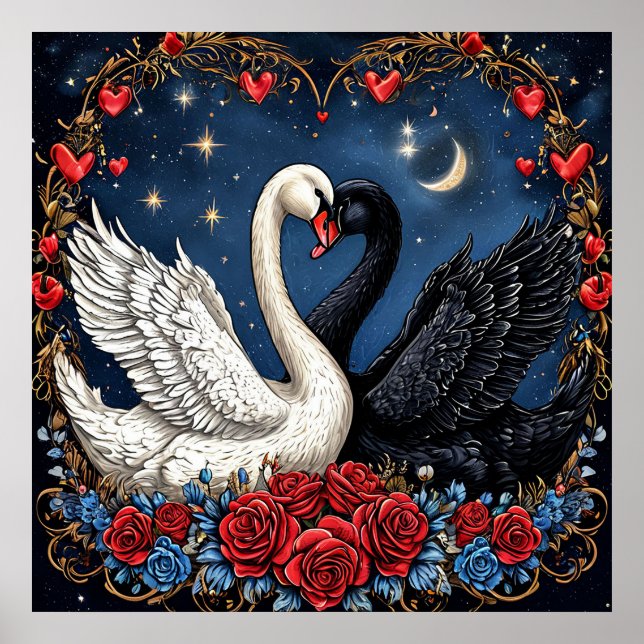 Poster Cygnes blancs et noirs avec Coeurs et Roses (Devant)