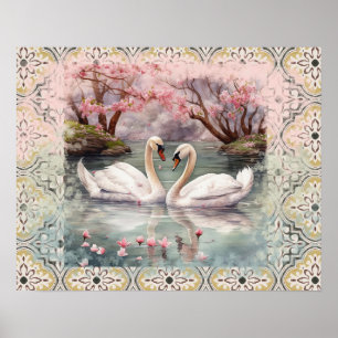 Poster Cygnes de paysage paisible sur le lac - Turquoise 