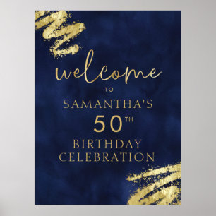 Poster d'accueil d'anniversaire bleu et or de la M
