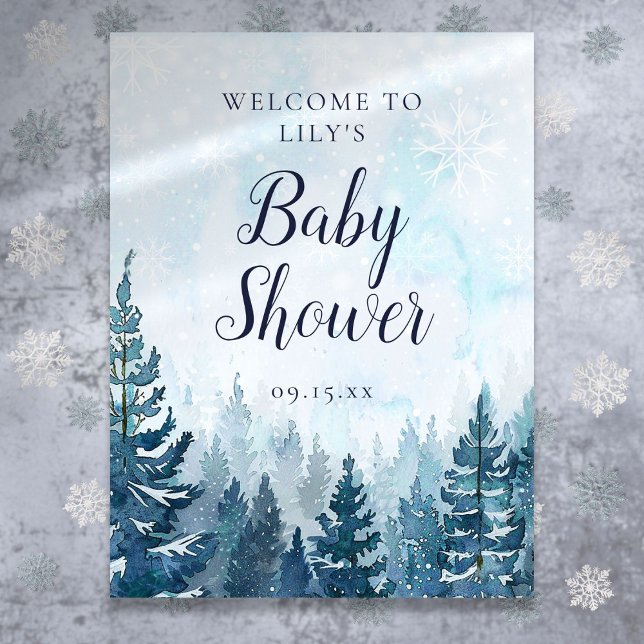 Poster d'accueil du Baby shower forestier des pins (Winter Pine Tree Forest Baby Shower Welcome Poster)