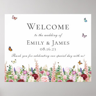 Poster d'accueil Pink Purple Flowers & Papillons