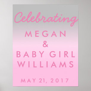 Poster d'accueil pour le Baby shower rose et argen