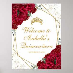 Poster d'accueil Quinceanera Floral Rouge et Or