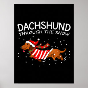 Poster Dachshund à travers la neige drôle chien Noël