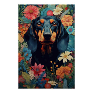 Poster Dachshund Au Coeur D'Une Symphonie De Fleurs