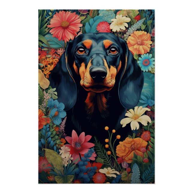 Poster Dachshund Au Coeur D'Une Symphonie De Fleurs (Devant)