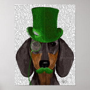 Poster Dachshund avec Chapeau Vert Haut Chapeau Noir Tan