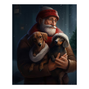 Poster Dachshund Avec Noël Festif Du Père Noël
