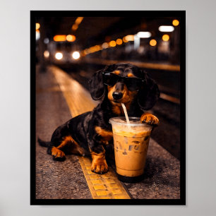 Poster Dachshund buvant un café glacé Mème d'animal drôle