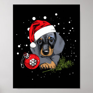 Poster Dachshund Chien sapin de Noël Lumière Père Noël No