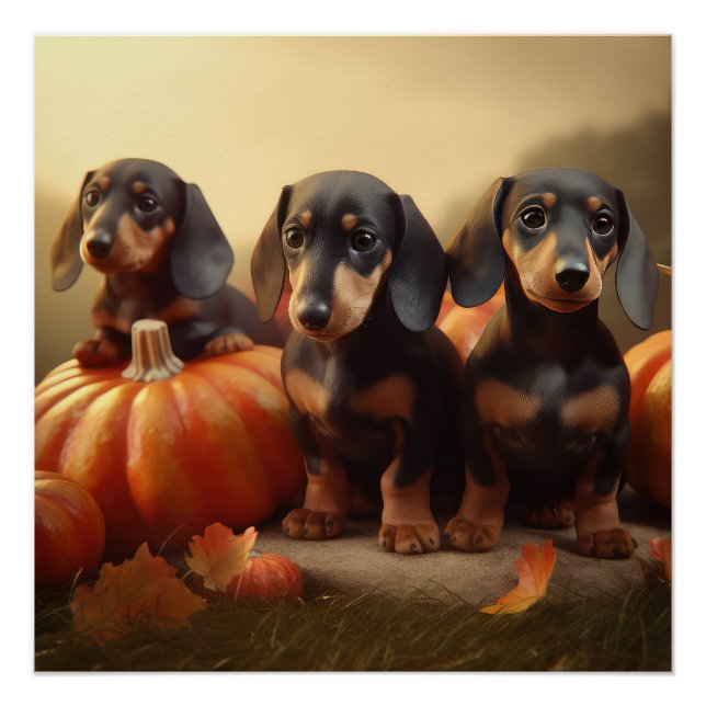 Poster Dachshund Chiot Automne Citrouille de plaisir (Devant)