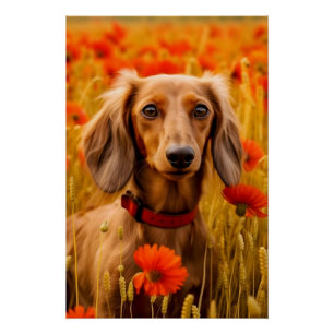 Poster Dachshund Dans Un Champ De Fleurs