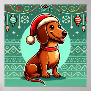 Poster Dachshund de fête portant un chapeau de Père Noël