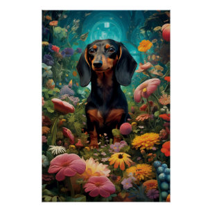 Poster Dachshund Entouré De Différents Types De Fleurs