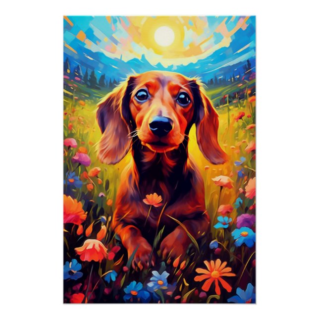 Poster Dachshund Explorant Pacifiquement Une prairie (Devant)