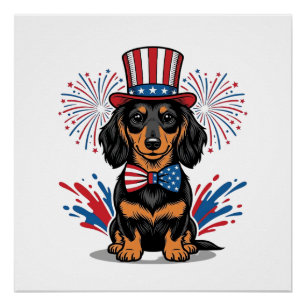 Poster Dachshund patriotique feux d'artifice art vectorie