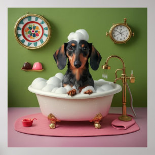Poster Dachshund prendre un bain de bulle dans un minuscu