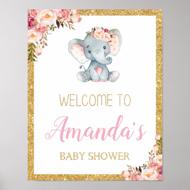 Poster d'Affiche de bienvenue Baby shower d'élépha (Devant)