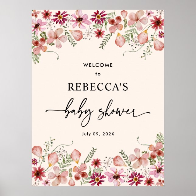 Poster d'Affiche de bienvenue Baby shower Rose Flo (Devant)