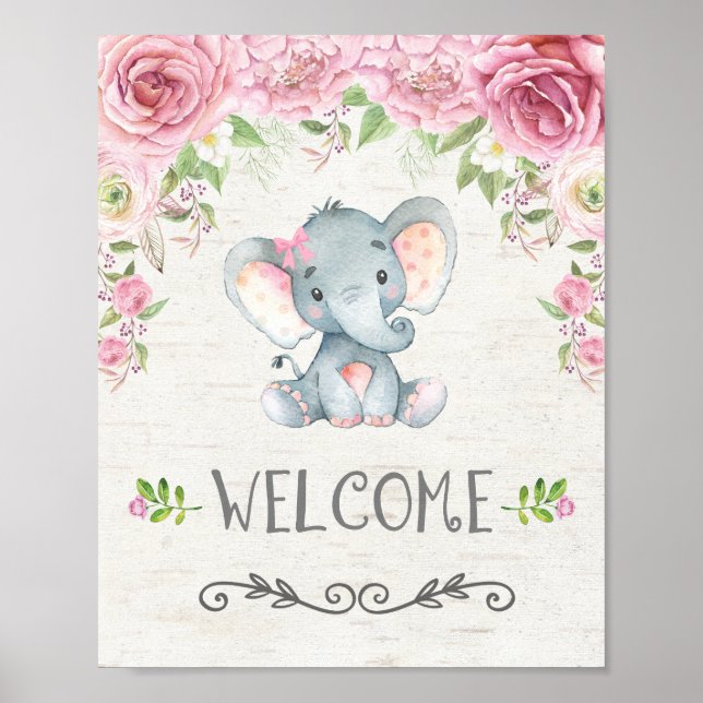 Poster d'Affiche de bienvenue rose Floral Baby Ele (Devant)