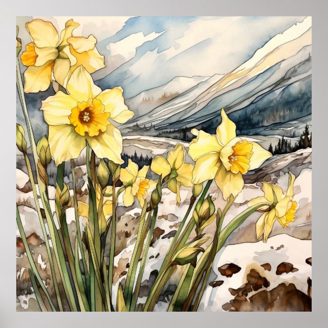 Poster Daffodique Sous Mur De Neige Art, Carré Floral (Devant)