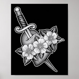 Poster Dagger À Travers Le Coeur X Fleurs Blackwork Tatto
