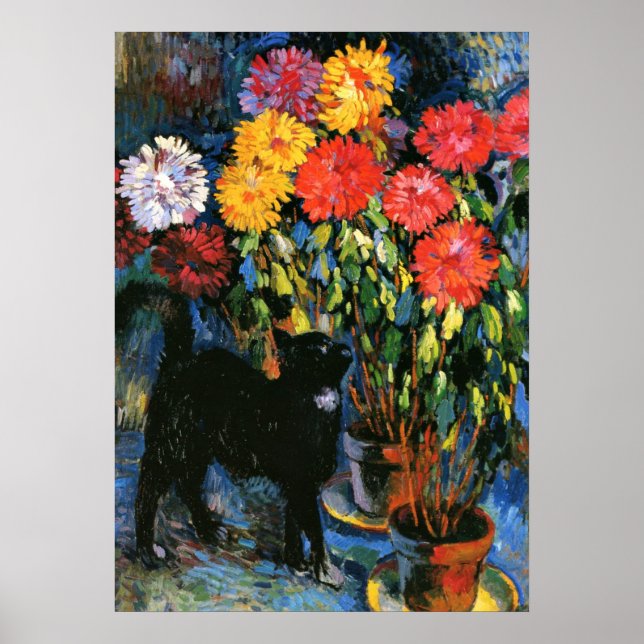 Poster Dahlias et Chat noir, peinture d'art (Devant)