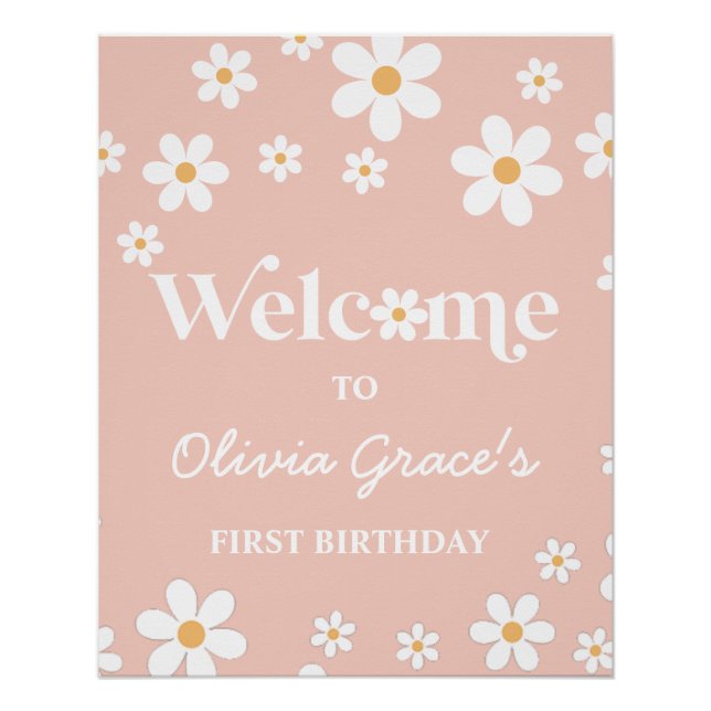 Poster Daisy Retro Rose premier anniversaire Bienvenue (Devant)
