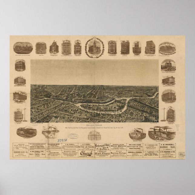 Poster Dallas Texas 1892 Carte panoramique antique (Devant)