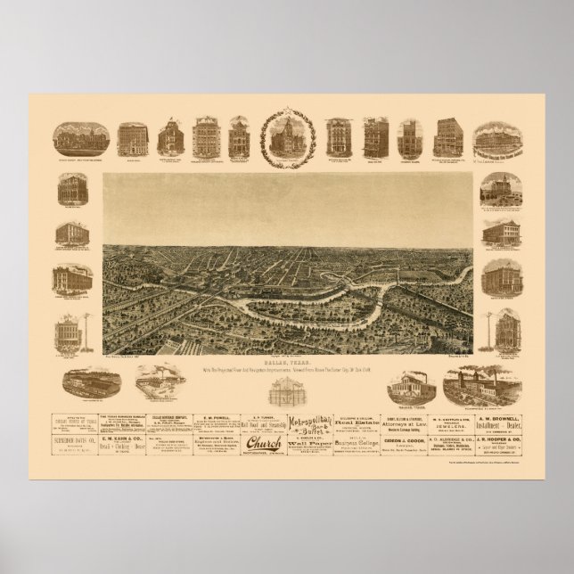 Poster Dallas, TX Carte panoramique - 1892 (Devant)