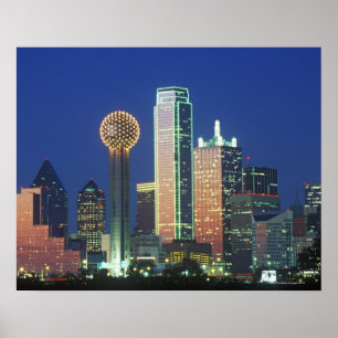 Poster 'Dallas, TX skyline at night with Reunion Tower'