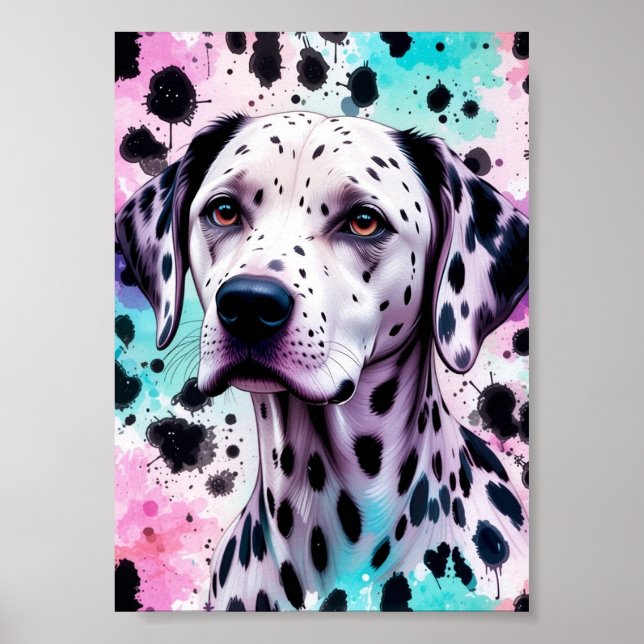 Poster Dalmatian Dog Pink Purple Turquoise Watercolor (Devant)