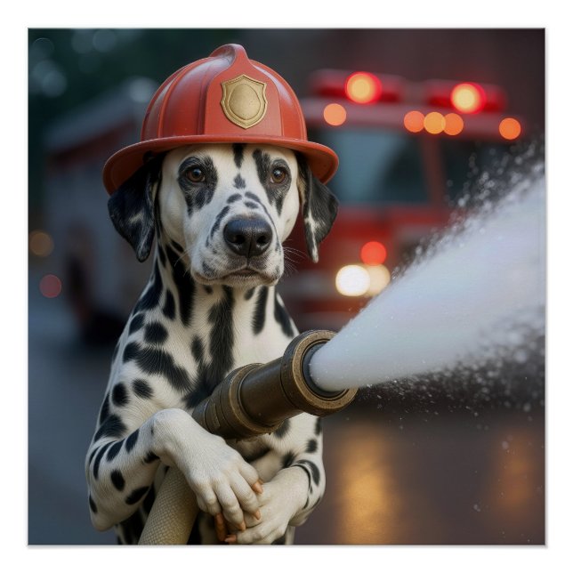 Poster Dalmatian Dog With a Fire Hose (Devant)