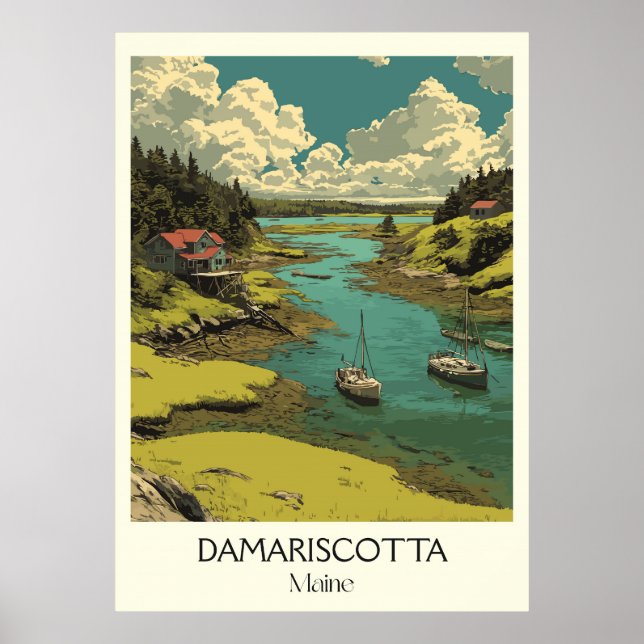 Poster Damariscotta ME Vintage River Bateaux Art côtier (Devant)
