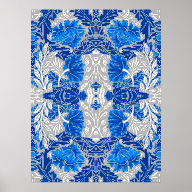 Poster Damas florales, Sapphire bleu et gris (Devant)