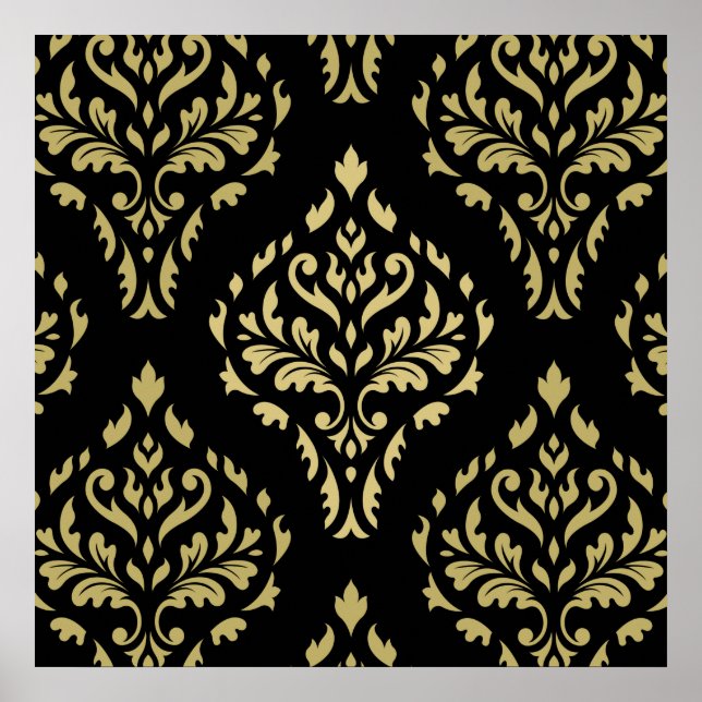 Poster Damask Leafy Motif baroque Noir & Golds (Devant)
